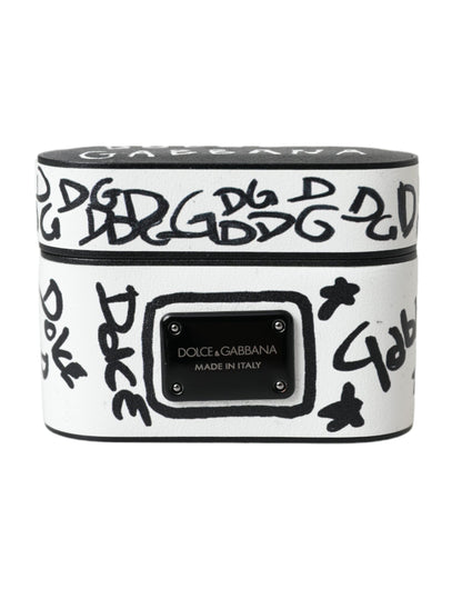 Dolce &amp; Gabbana Black White Leather Scribble Embossed Logo Airpods Case