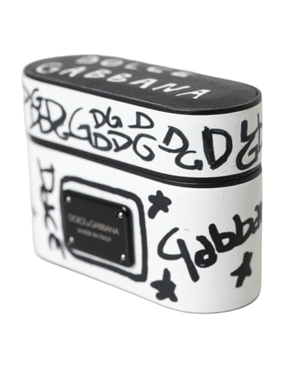 Dolce &amp; Gabbana Black White Leather Scribble Embossed Logo Airpods Case