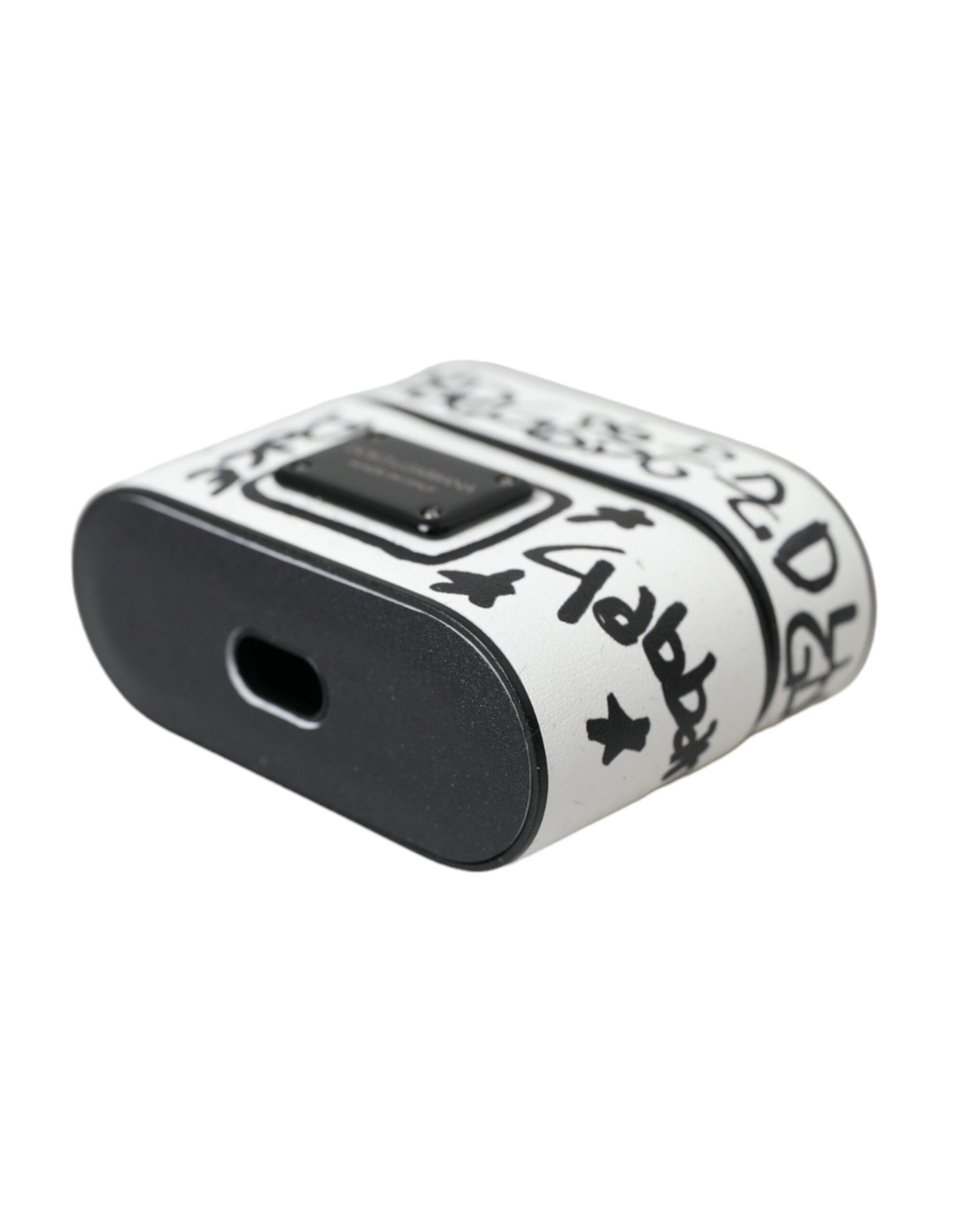 Dolce &amp; Gabbana Black White Leather Scribble Embossed Logo Airpods Case