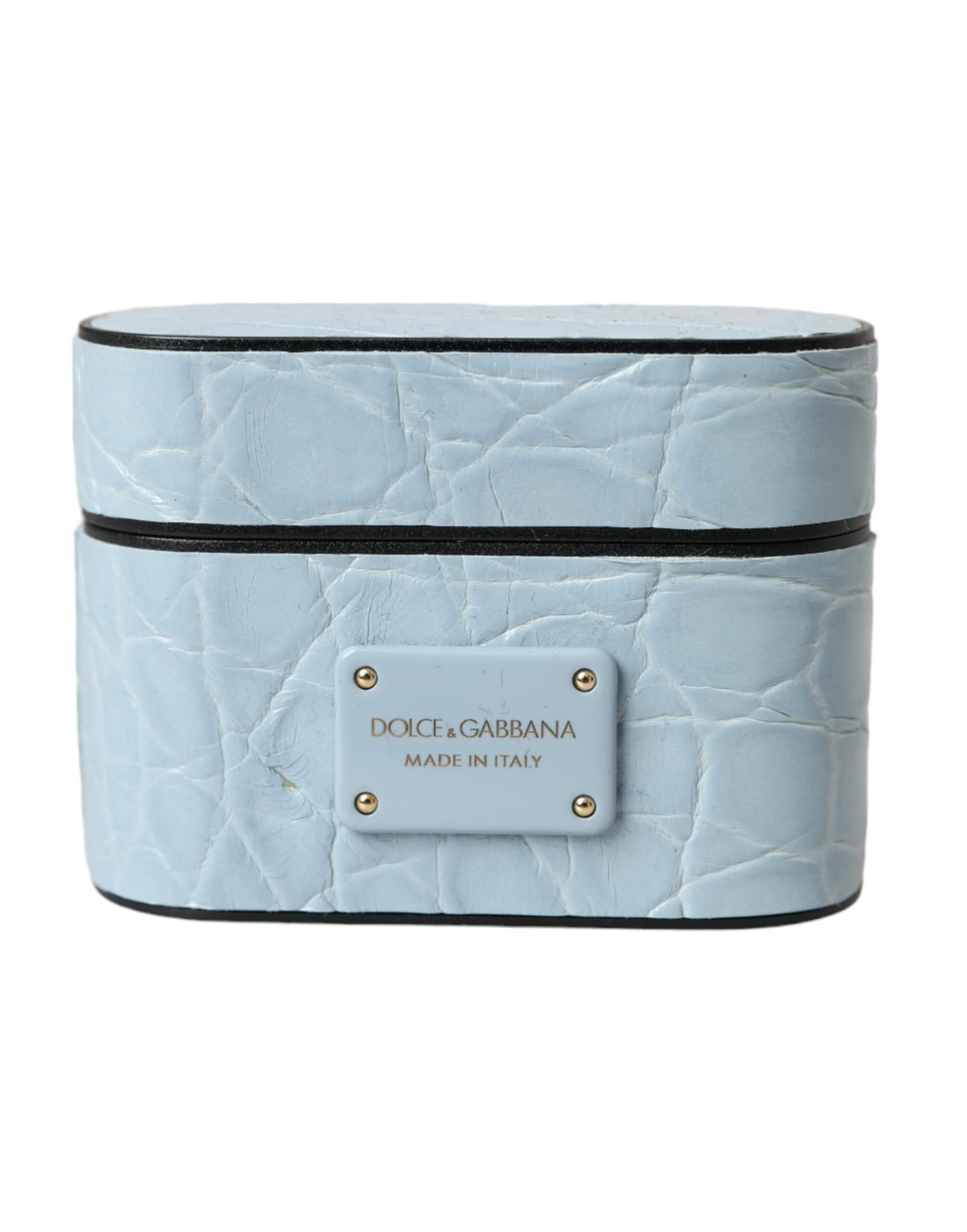 Dolce &amp; Gabbana Light Blue Leather Metal Logo Plaque Airpods Case