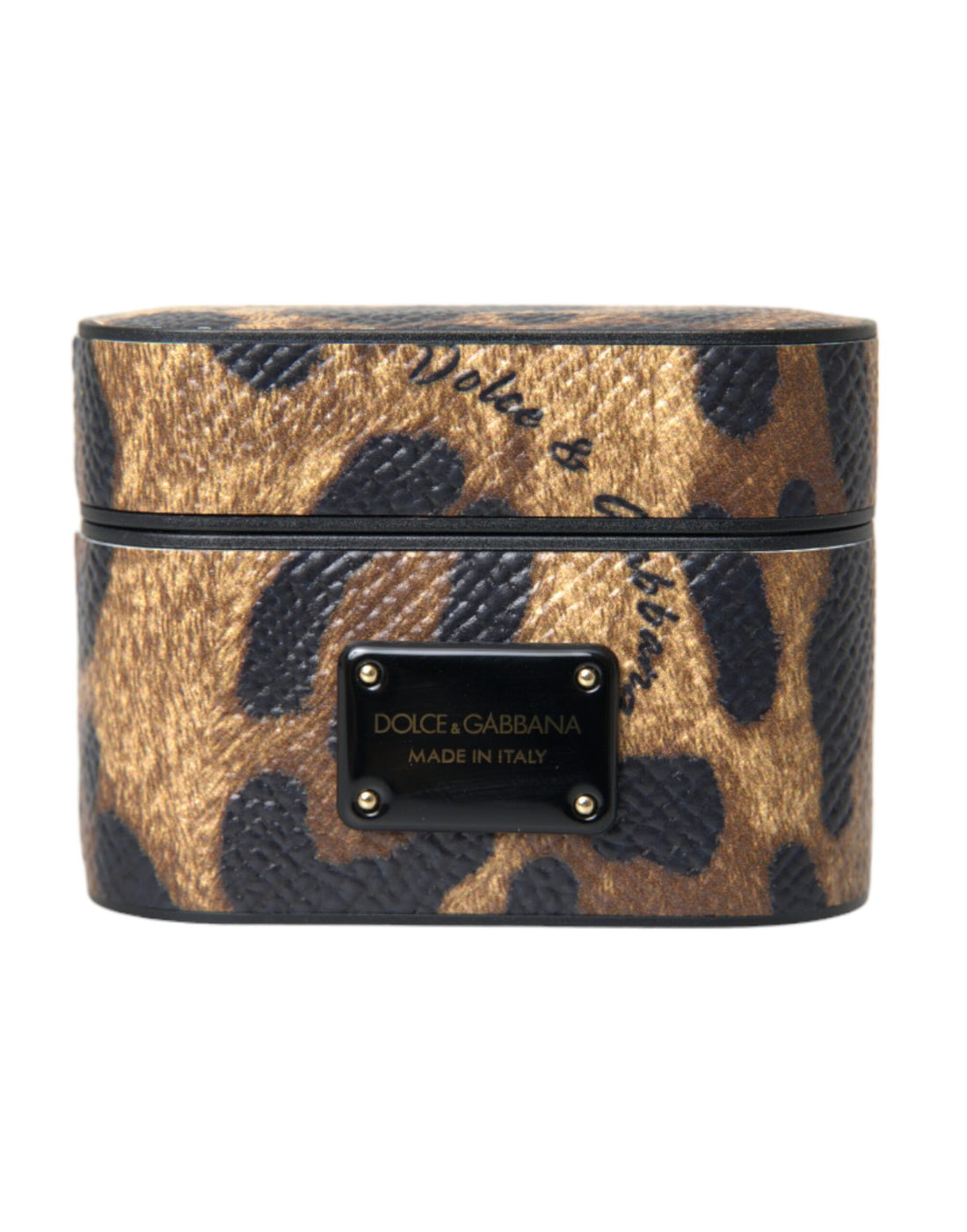 Dolce &amp; Gabbana Brown Leopard Calf Leather Metal Logo Plaque Airpods Case