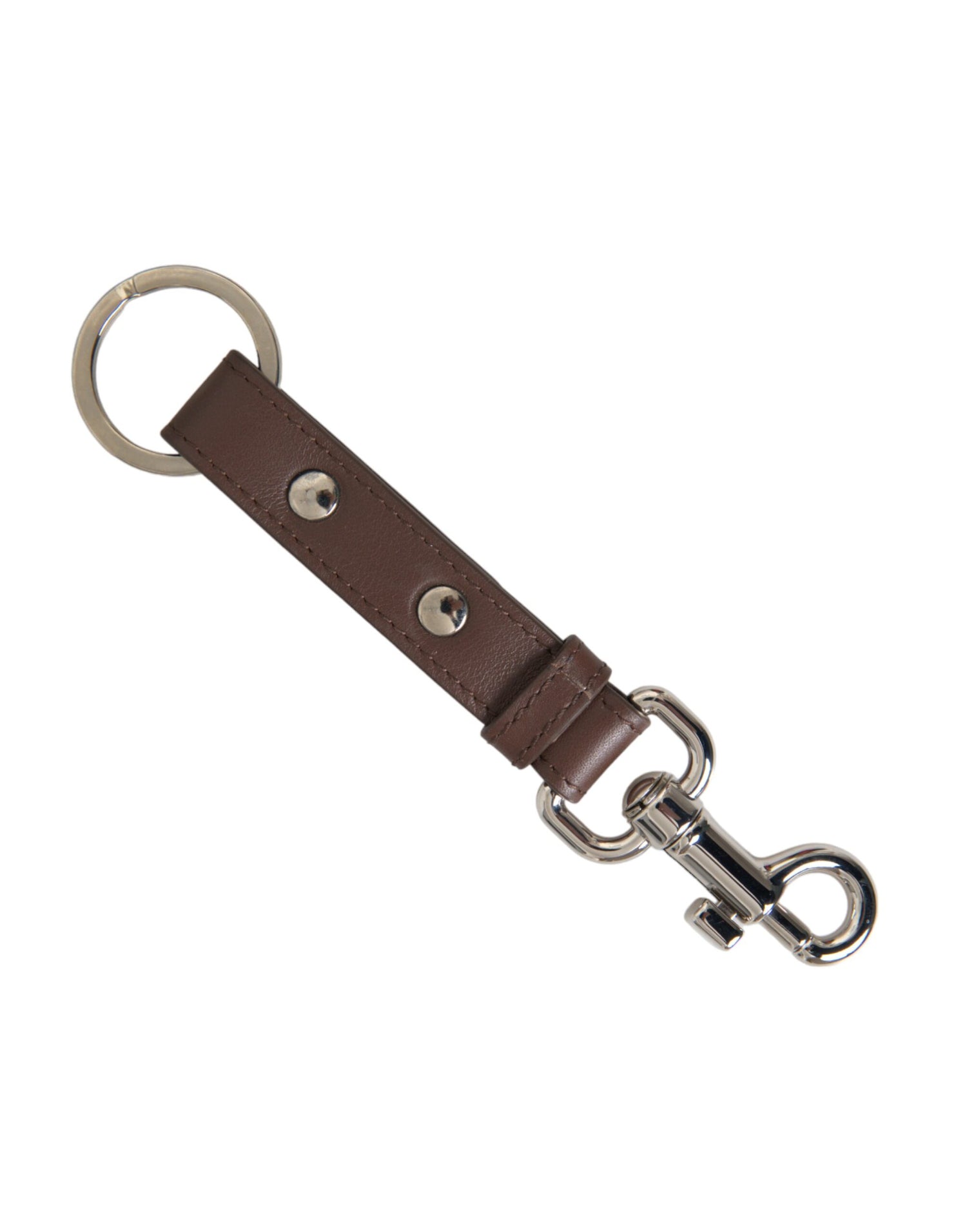 Dolce &amp; Gabbana Brown Plain Leather Silver Brass Keyring Holder Keychain