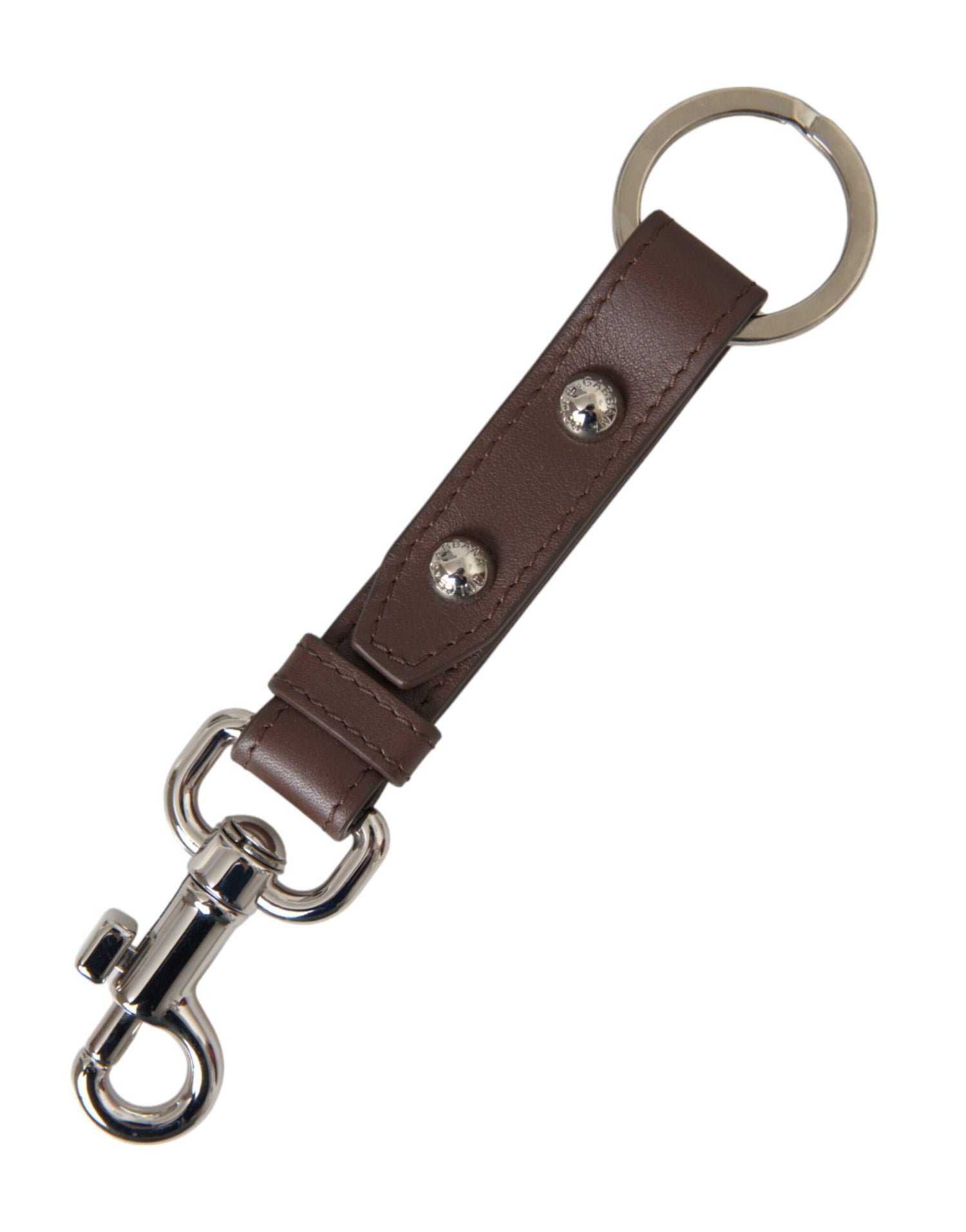 Dolce &amp; Gabbana Brown Plain Leather Silver Brass Keyring Holder Keychain