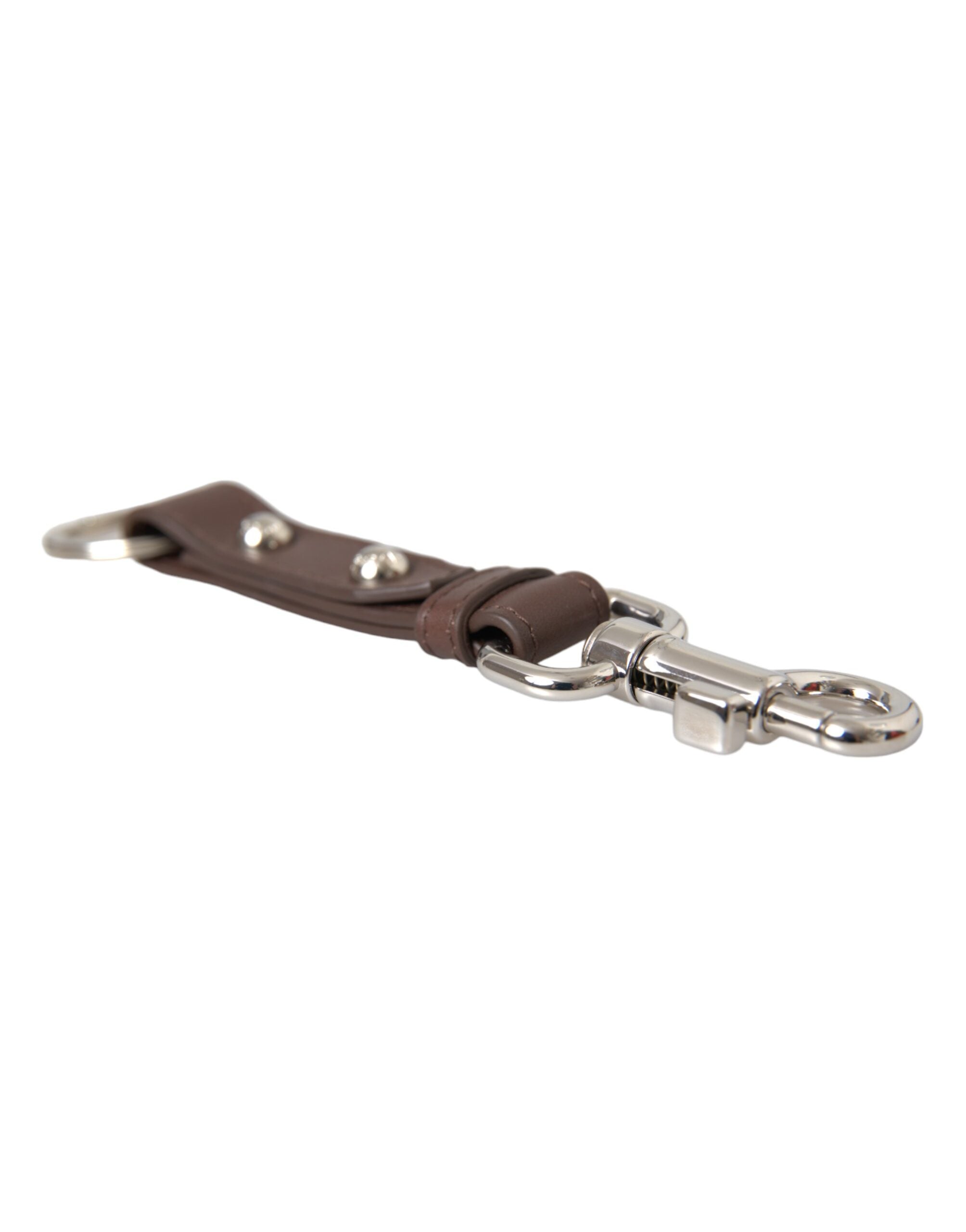 Dolce &amp; Gabbana Brown Plain Leather Silver Brass Keyring Holder Keychain