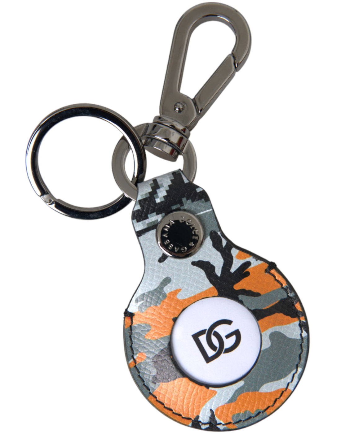 Dolce &amp; Gabbana Camouflage Leather DG Logo Round Metal Keyring Keychain