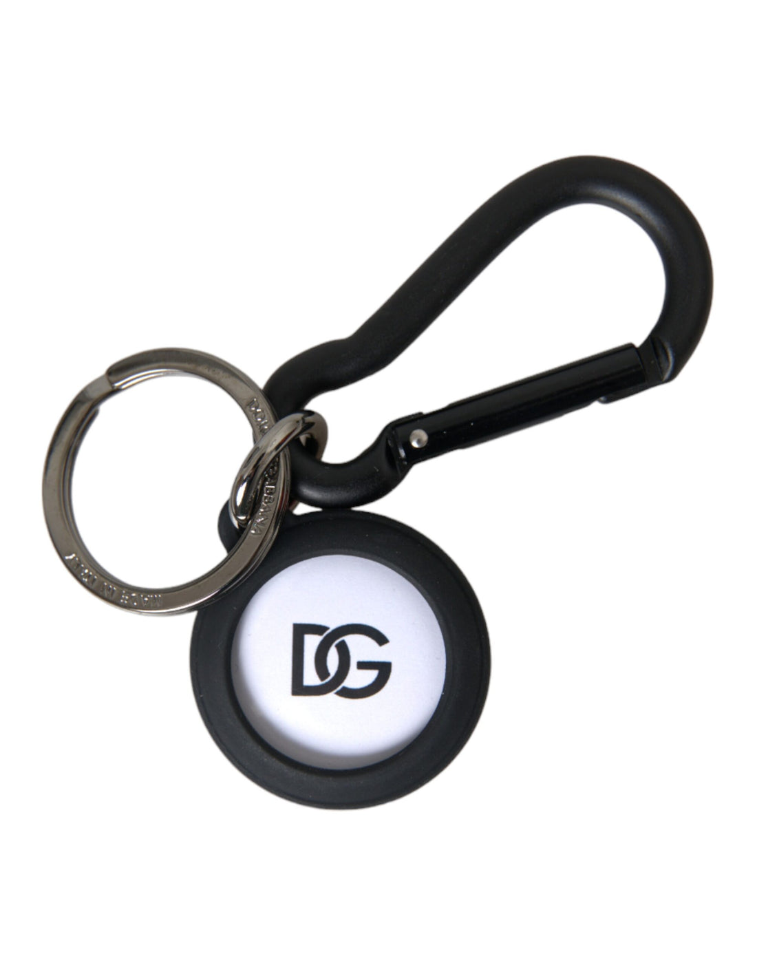 Dolce &amp; Gabbana Black White Rubber DG Logo Round Metal Keyring Keychain