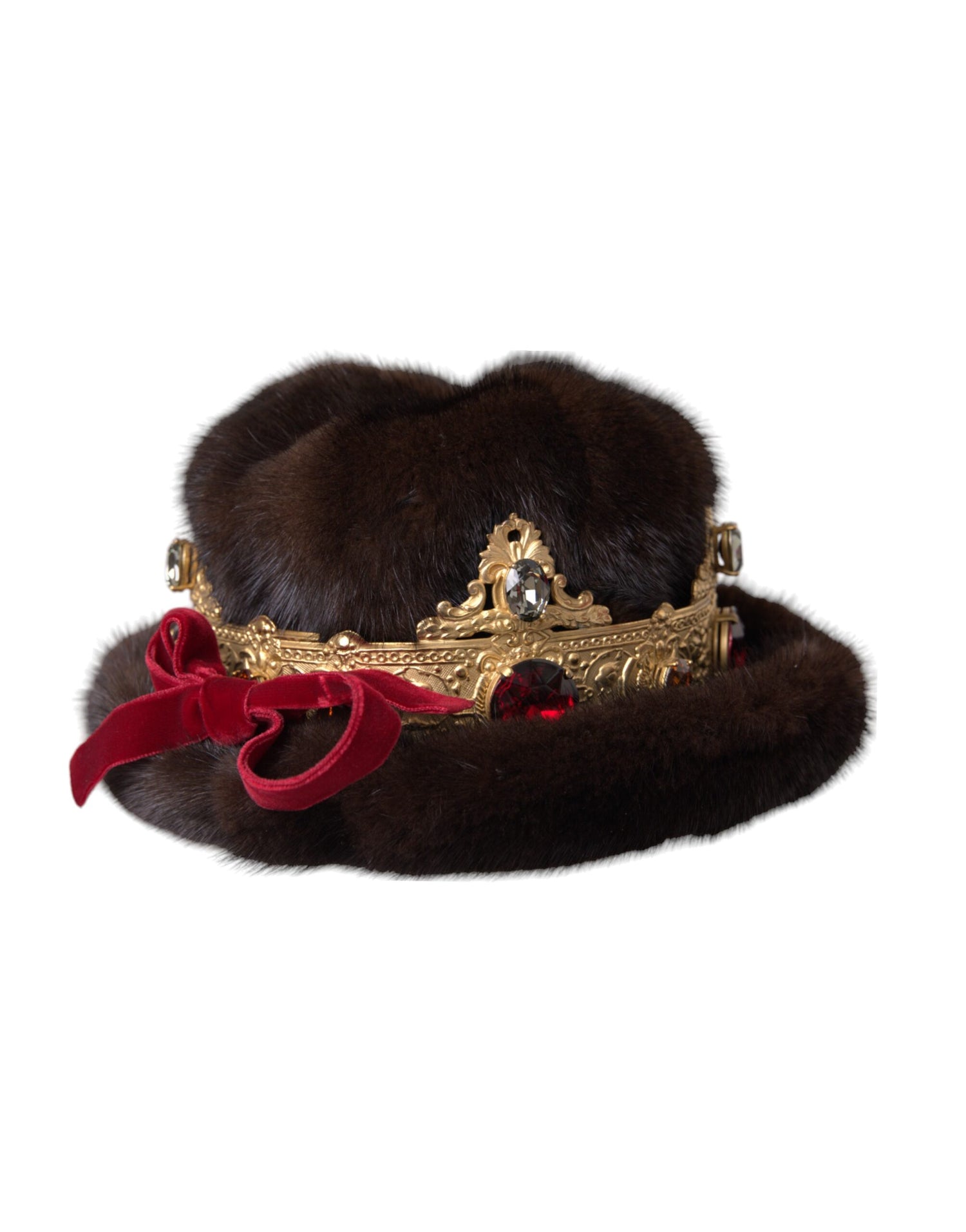 Dolce &amp; Gabbana Dark Brown Mink Fur Gold Crystal Crown Hat