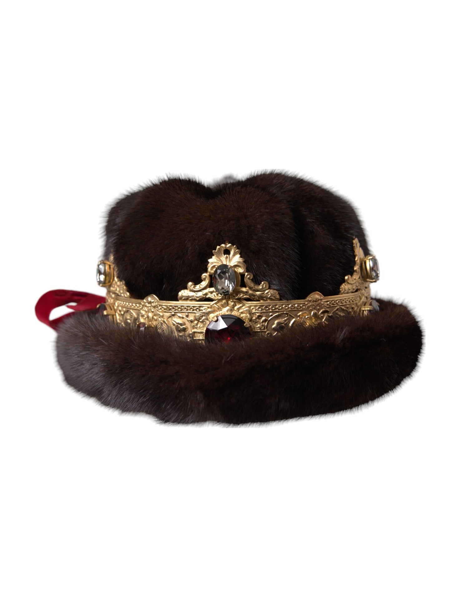 Dolce &amp; Gabbana Dark Brown Mink Fur Gold Crystal Crown Hat