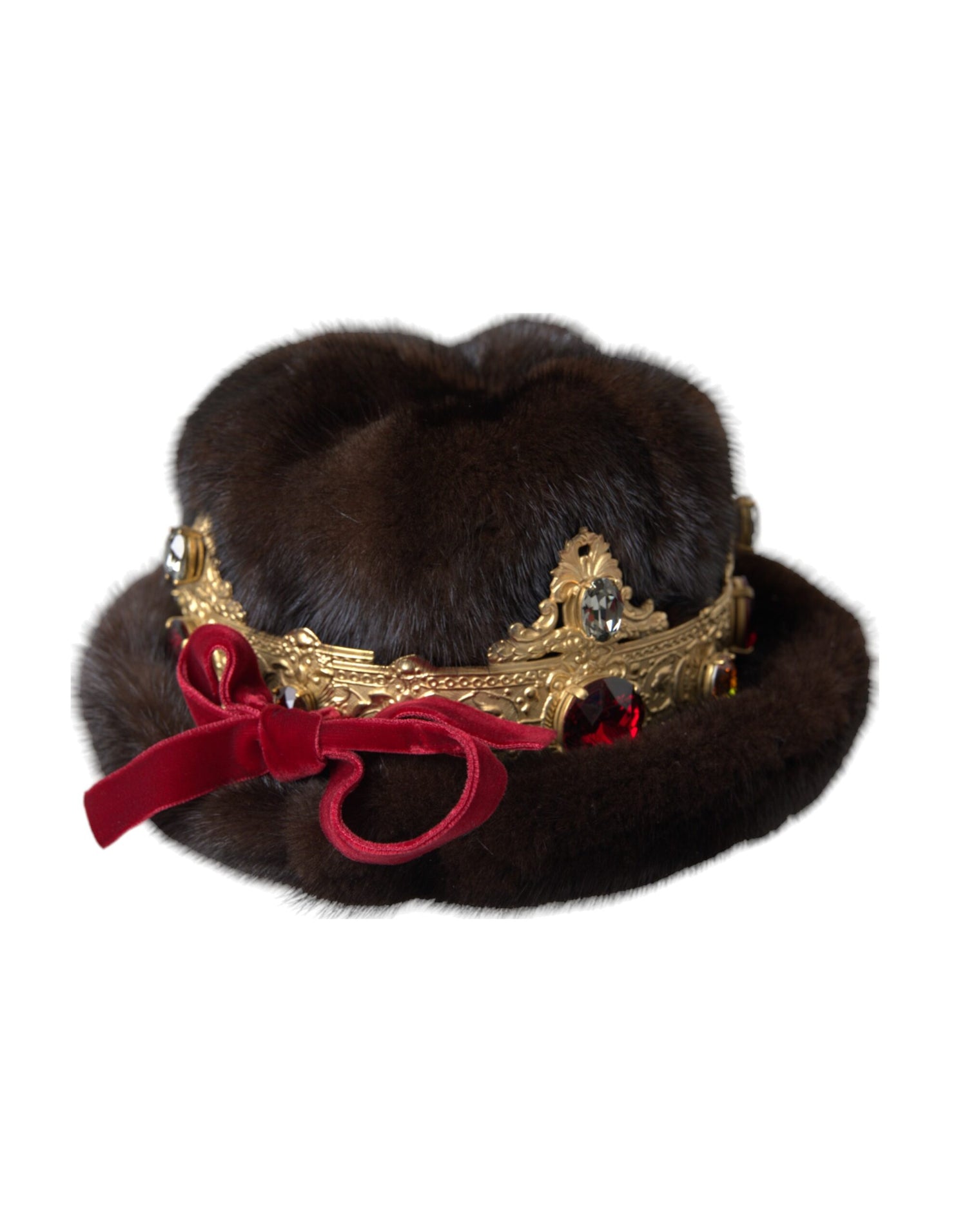 Dolce &amp; Gabbana Dark Brown Mink Fur Gold Crystal Crown Hat