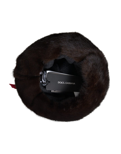 Dolce &amp; Gabbana Dark Brown Mink Fur Gold Crystal Crown Hat