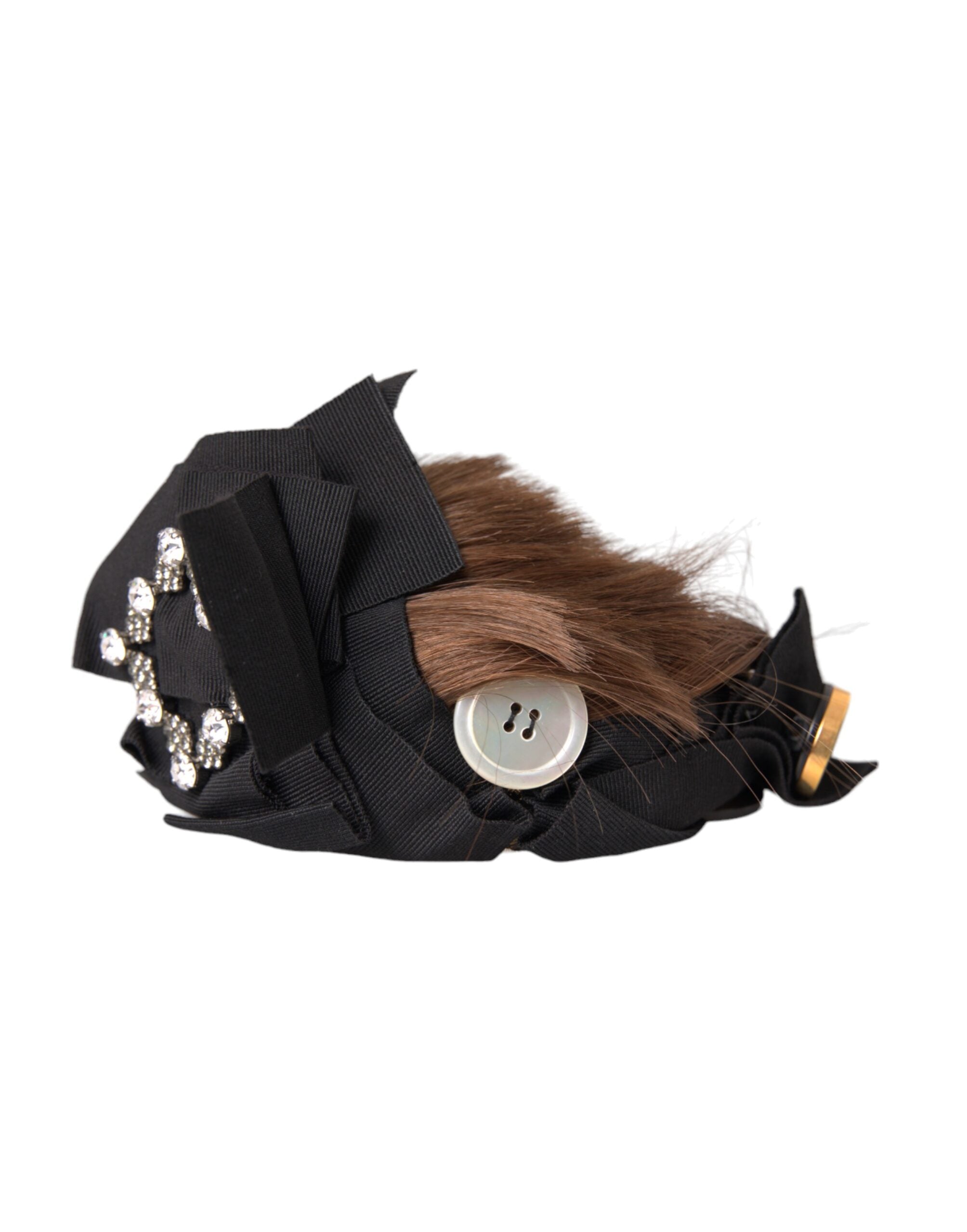 Dolce &amp; Gabbana Black Crystal Button Brown Hair Women Headband Diadem