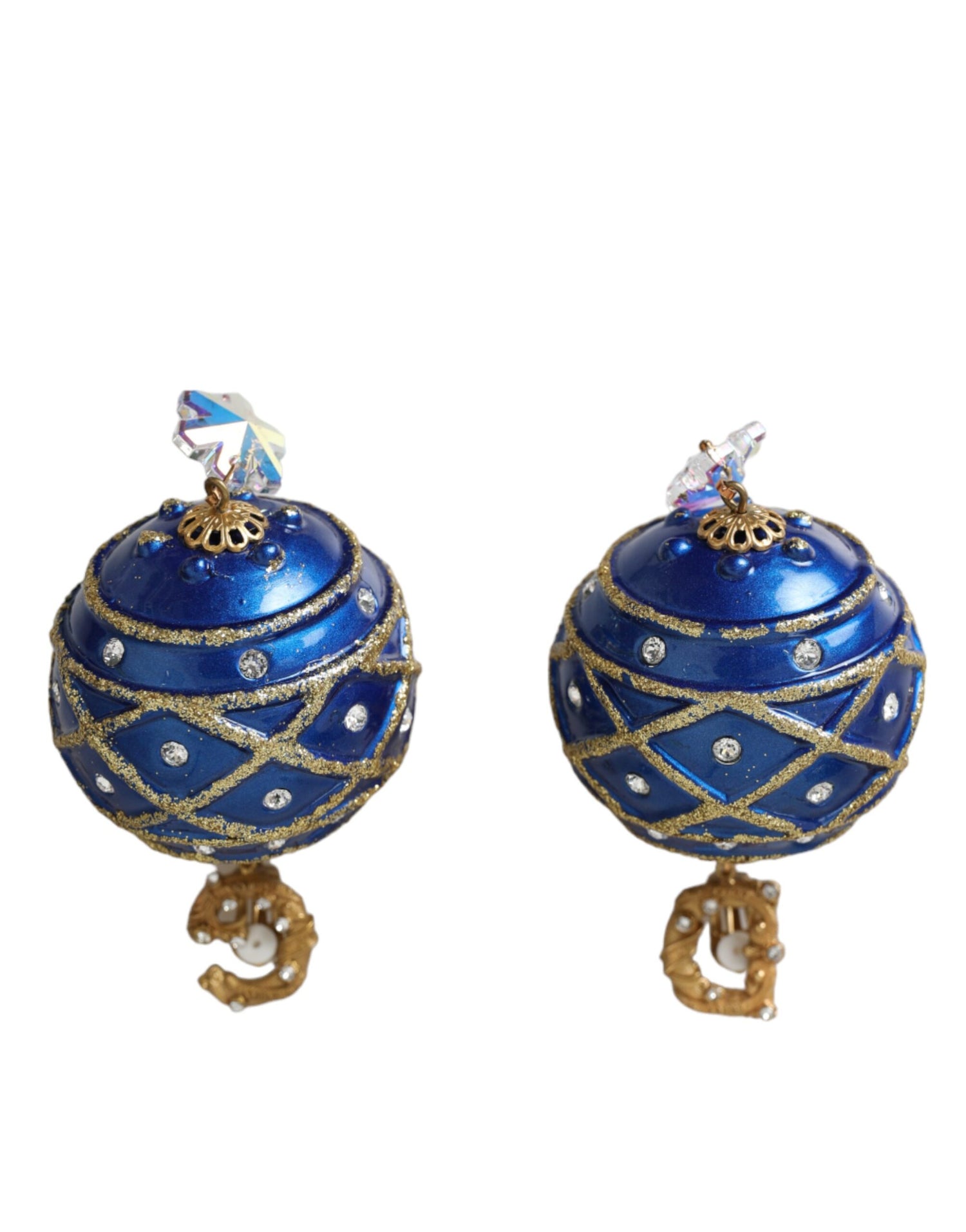 Dolce &amp; Gabbana Gold Brass Blue Dangle Christmas Ball Crystal Clip On Earrings