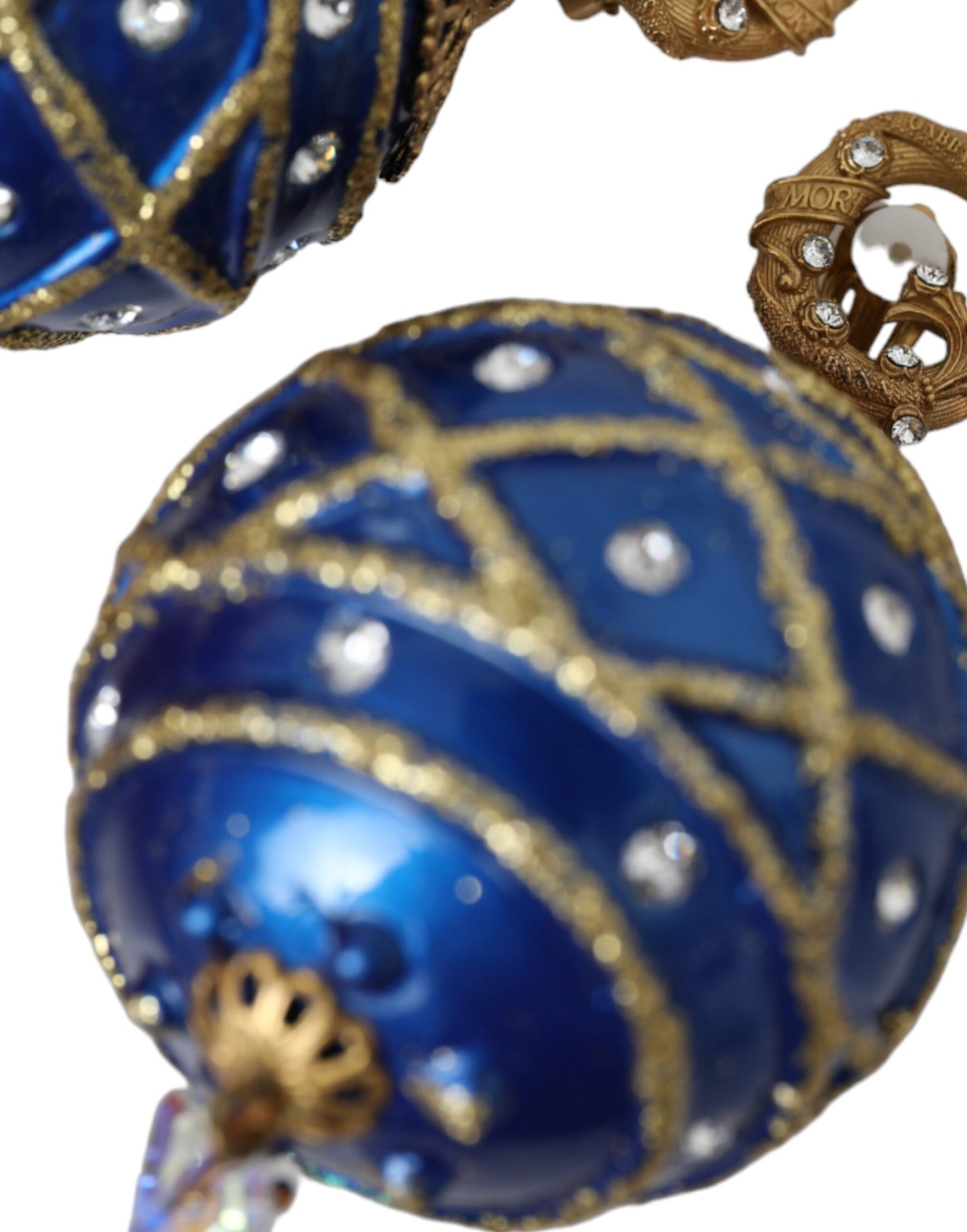 Dolce &amp; Gabbana Gold Brass Blue Dangle Christmas Ball Crystal Clip On Earrings