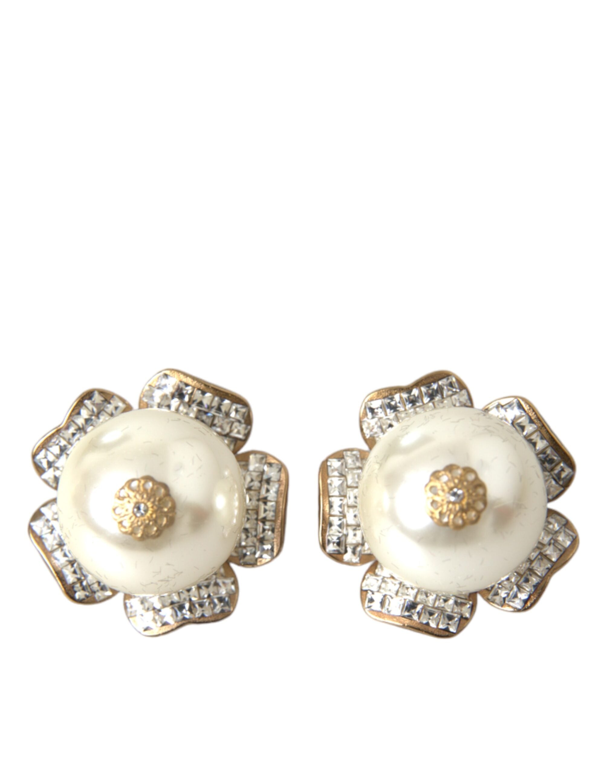 Dolce &amp; Gabbana Gold Tone Maxi Faux Pearl Floral Clip-on Jewelry Earrings