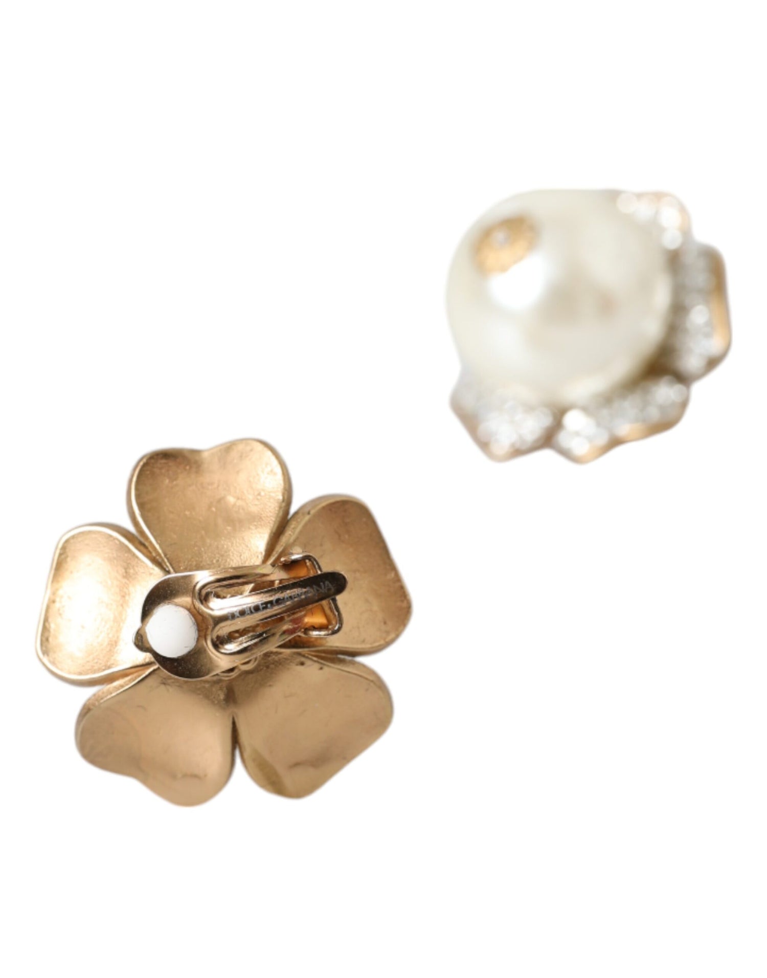 Dolce &amp; Gabbana Gold Tone Maxi Faux Pearl Floral Clip-on Jewelry Earrings