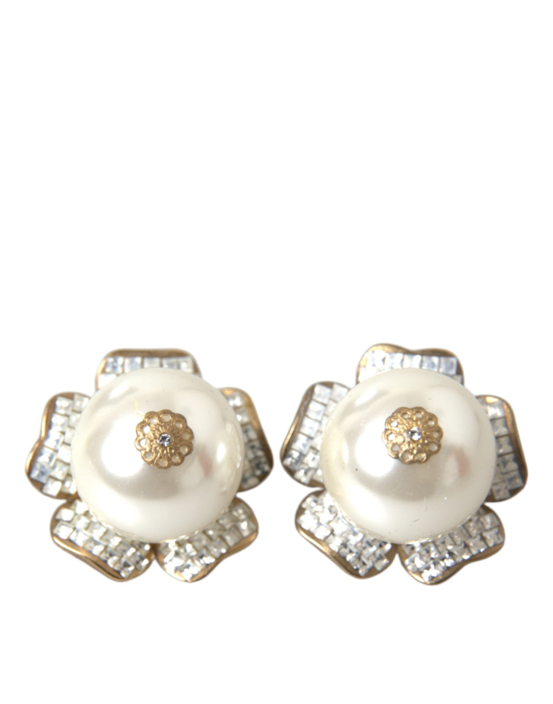 Dolce &amp; Gabbana Gold Tone Maxi Faux Pearl Floral Clip-on Jewelry Earrings