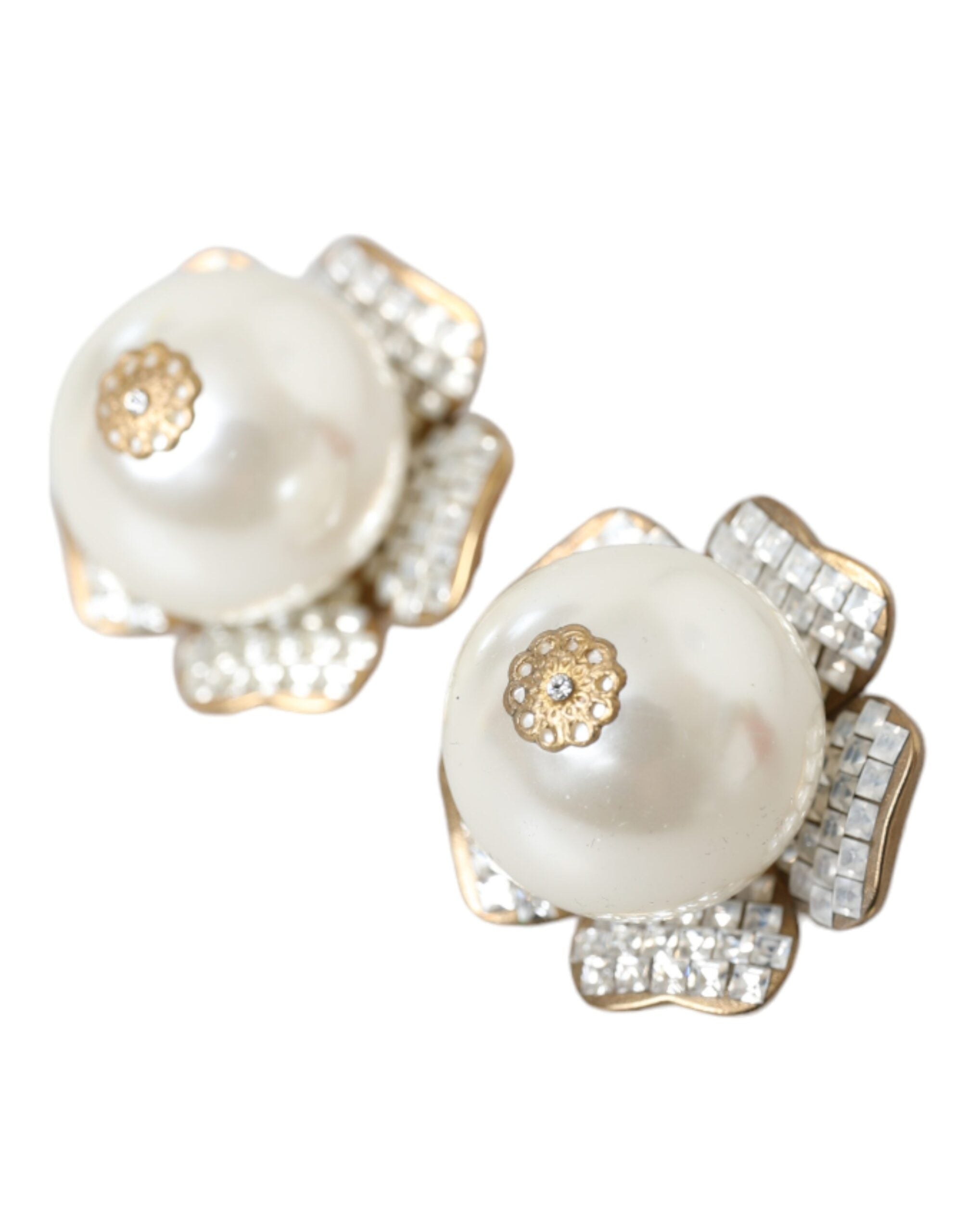 Dolce &amp; Gabbana Gold Tone Maxi Faux Pearl Floral Clip-on Jewelry Earrings