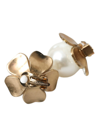 Dolce &amp; Gabbana Gold Tone Maxi Faux Pearl Floral Clip-on Jewelry Earrings