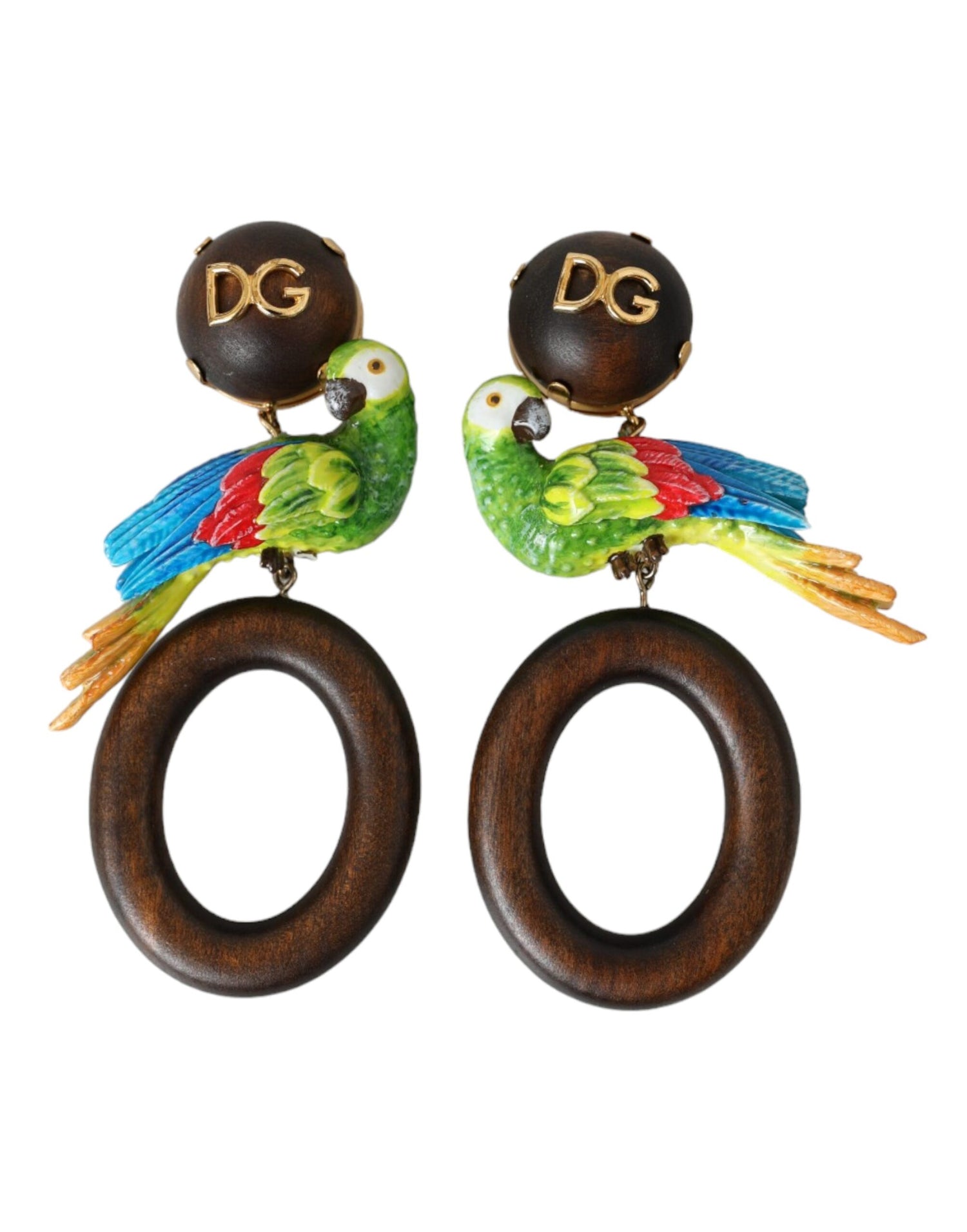 Dolce &amp; Gabbana Multicolor Parrot Wood Brass Crystal Embellished Earring