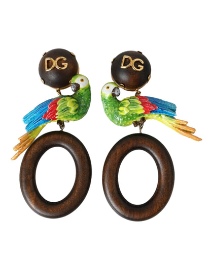 Dolce &amp; Gabbana Multicolor Parrot Wood Brass Crystal Embellished Earring