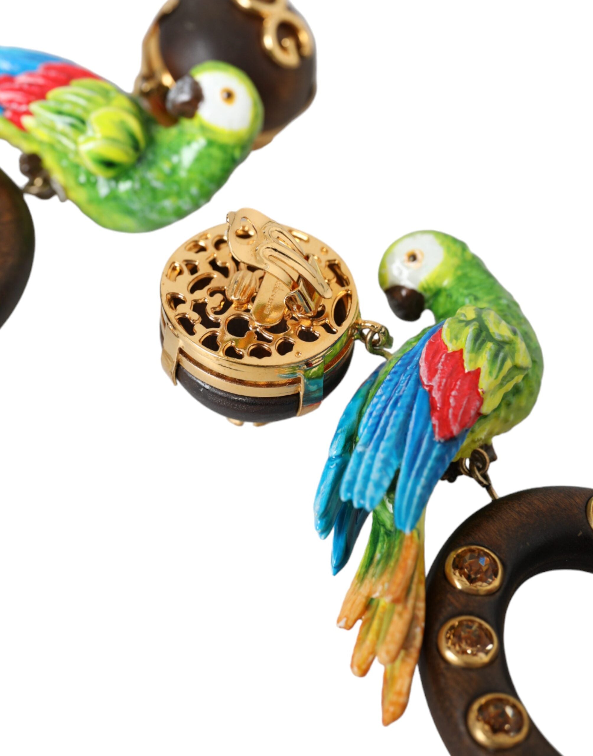 Dolce &amp; Gabbana Multicolor Parrot Wood Brass Crystal Embellished Earring