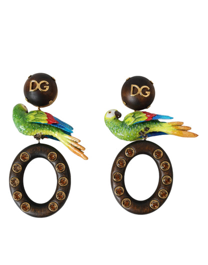 Dolce &amp; Gabbana Multicolor Parrot Wood Brass Crystal Embellished Earrings