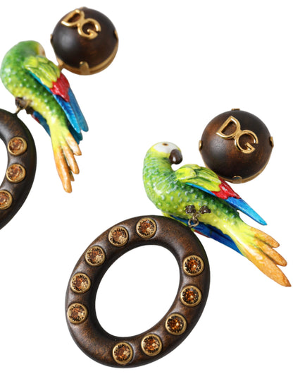 Dolce &amp; Gabbana Multicolor Parrot Wood Brass Crystal Embellished Earrings