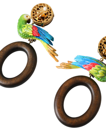 Dolce &amp; Gabbana Multicolor Parrot Wood Brass Crystal Embellished Earrings