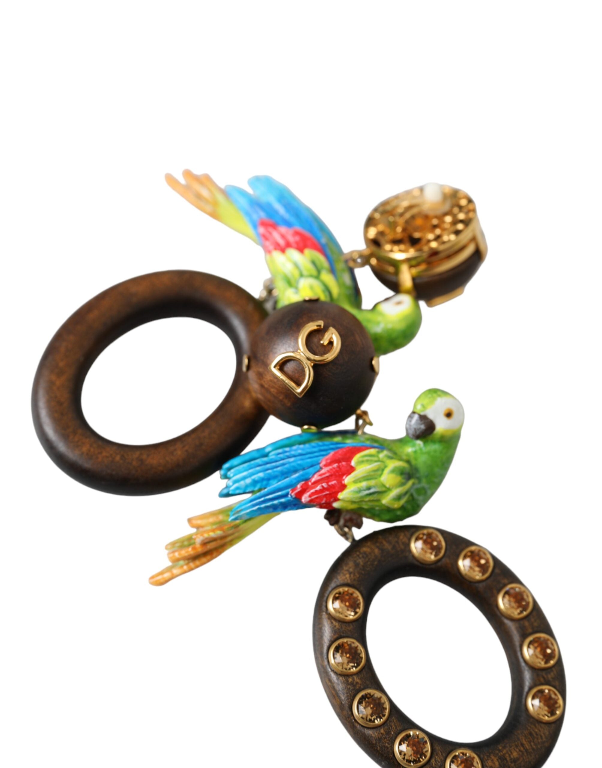 Dolce &amp; Gabbana Multicolor Parrot Wood Brass Crystal Embellished Earrings