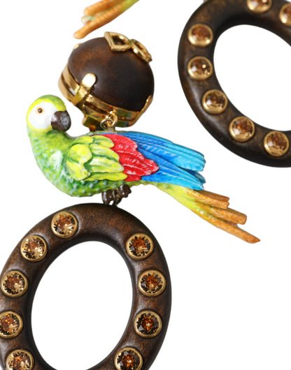 Dolce &amp; Gabbana Multicolor Parrot Wood Brass Crystal Embellished Earrings