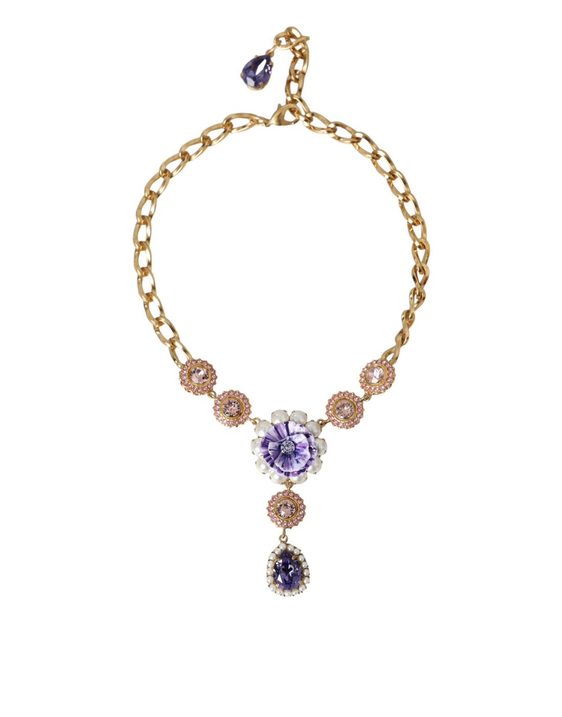 Dolce &amp; Gabbana Gold Brass Crystal Purple Pink Pearl Pendants Necklace