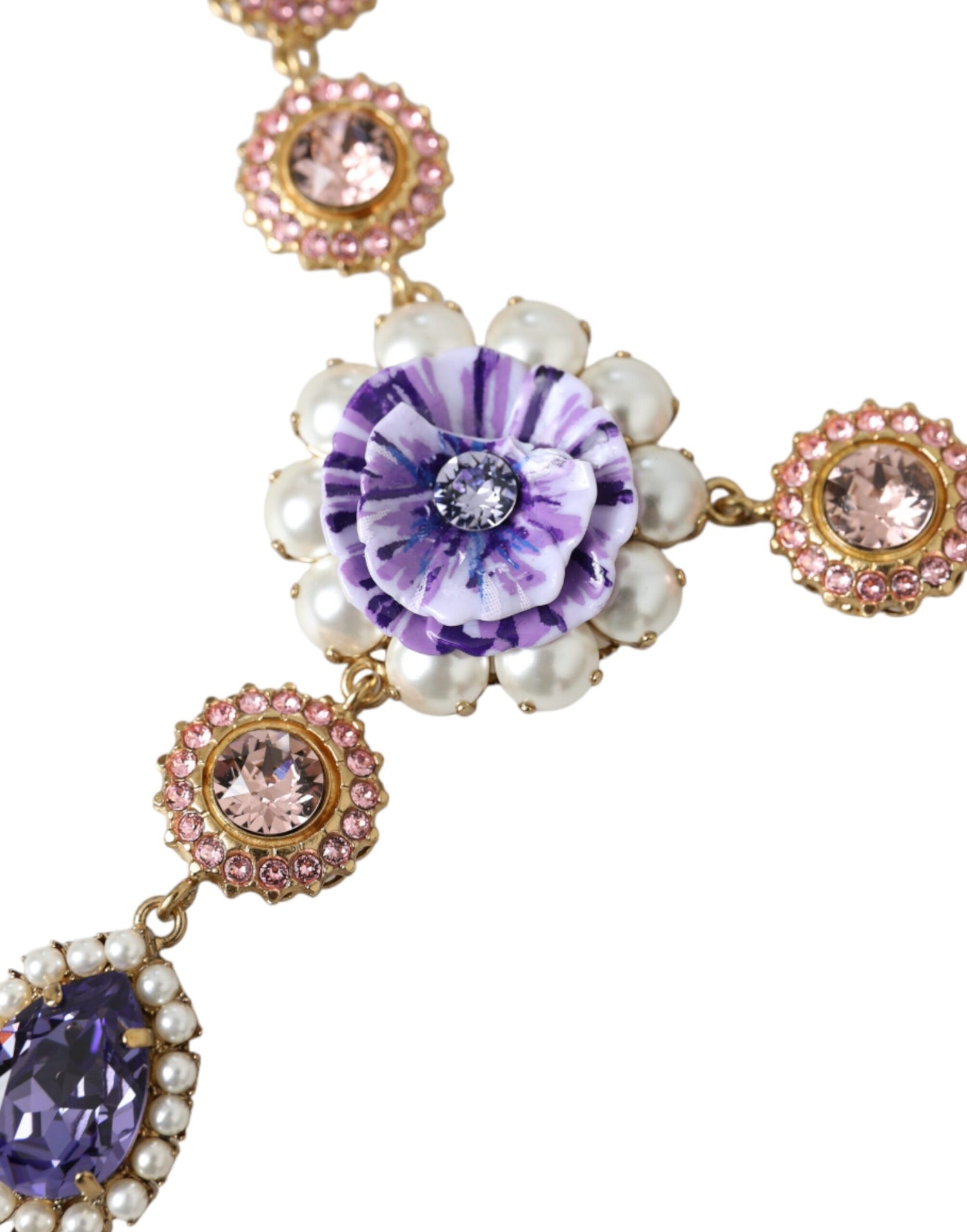 Dolce &amp; Gabbana Gold Brass Crystal Purple Pink Pearl Pendants Necklace