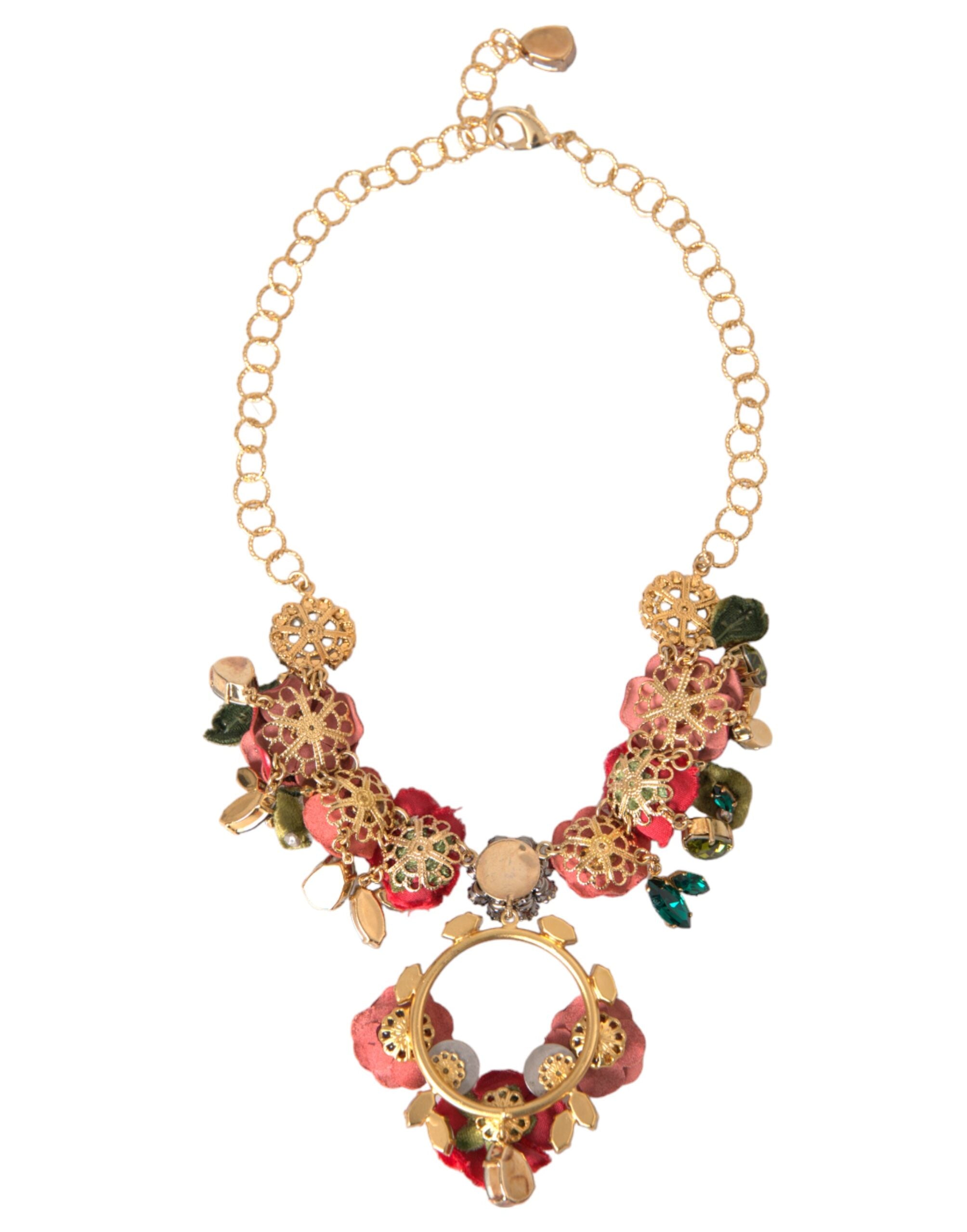 Dolce &amp; Gabbana Gold Brass Link Chain RosePetal Crystal Pendant Necklace