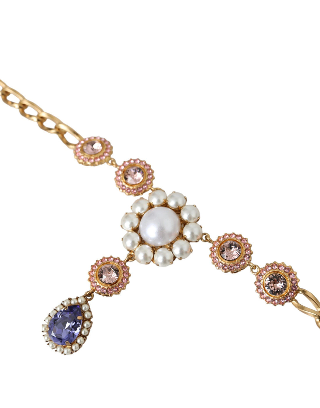 Dolce &amp; Gabbana Gold Brass Crystal Purple Pink Pearl Pendants Necklace