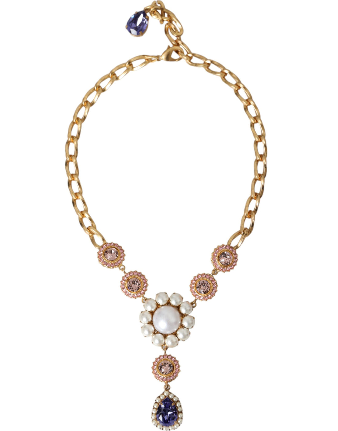 Dolce &amp; Gabbana Gold Brass Crystal Purple Pink Pearl Pendants Necklace