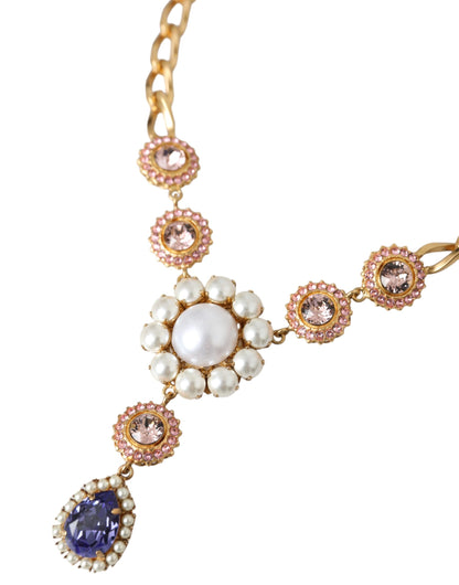 Dolce &amp; Gabbana Gold Brass Crystal Purple Pink Pearl Pendants Necklace