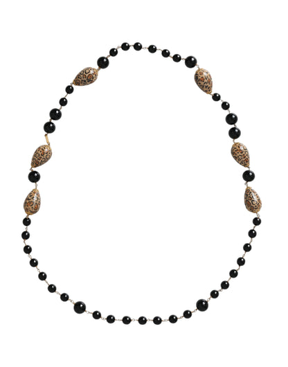 Dolce &amp; Gabbana Gold Tone Brass Black Printed Beaded Long Chain Necklace