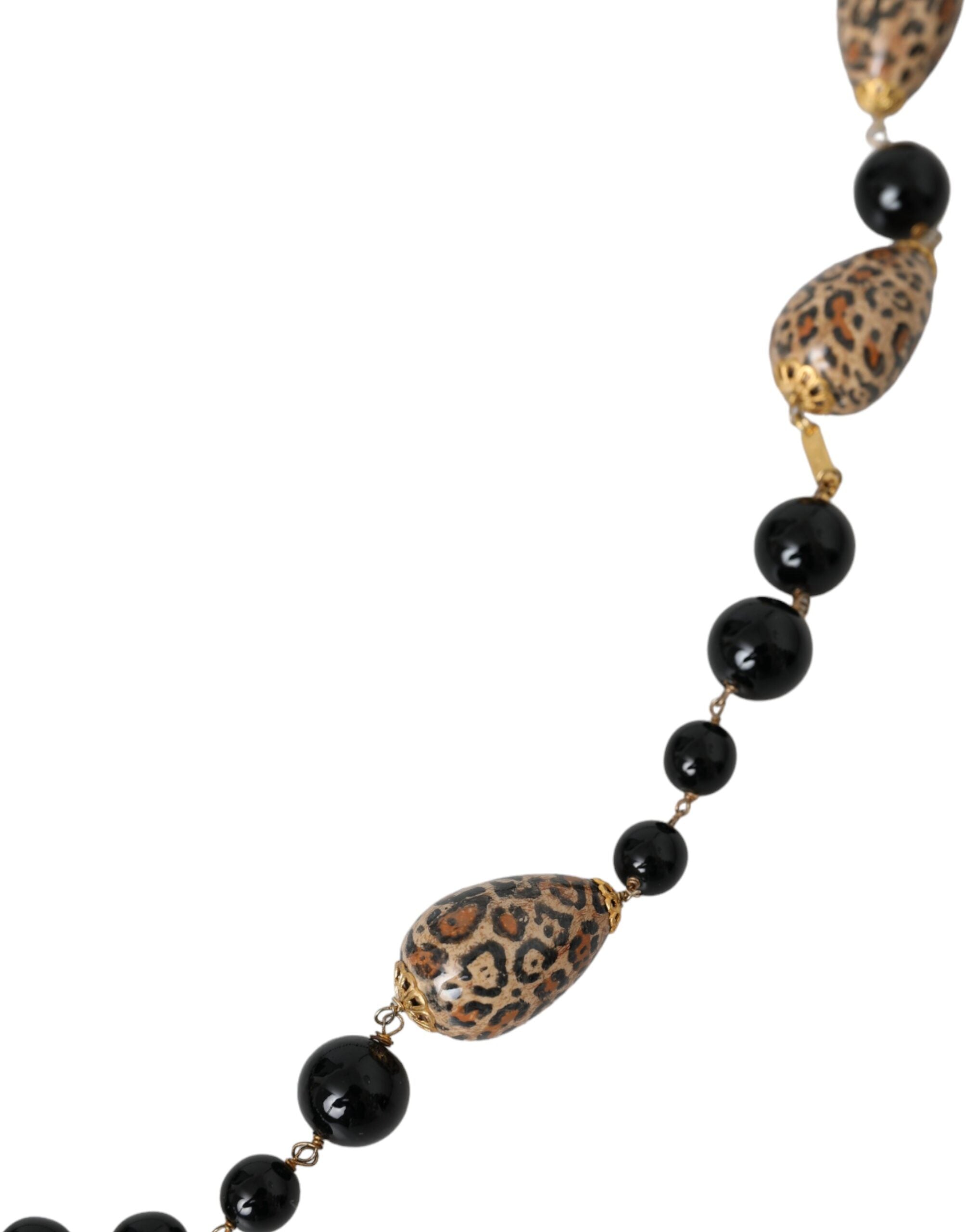 Dolce &amp; Gabbana Gold Tone Brass Black Printed Beaded Long Chain Necklace