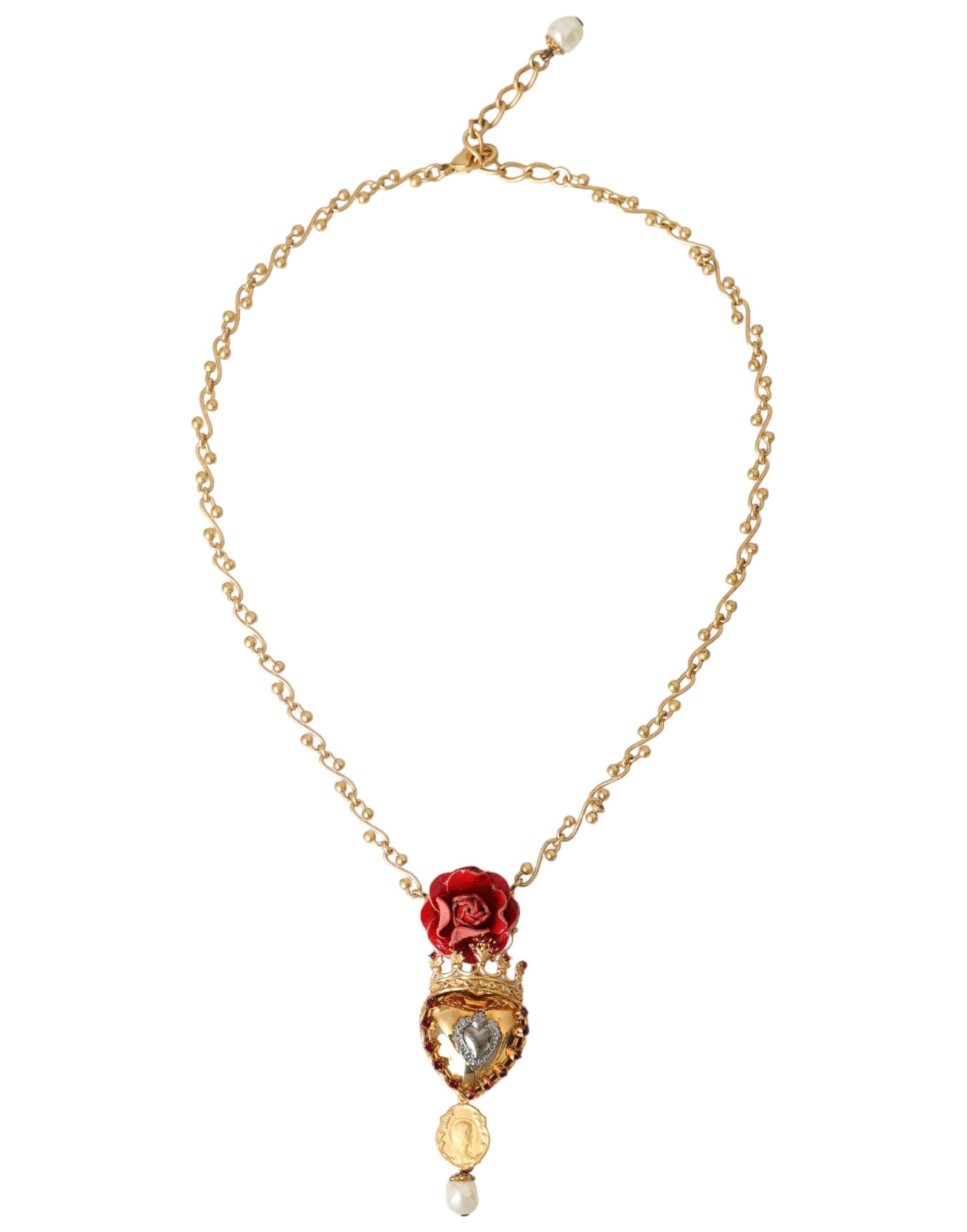 Dolce &amp; Gabbana Gold BrassChain Sacred Heart Rose Crystal Charm Necklace