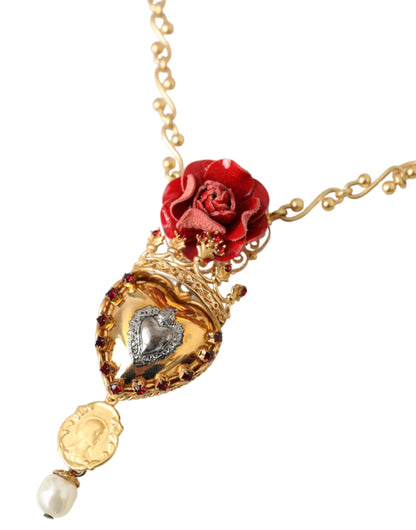 Dolce &amp; Gabbana Gold BrassChain Sacred Heart Rose Crystal Charm Necklace