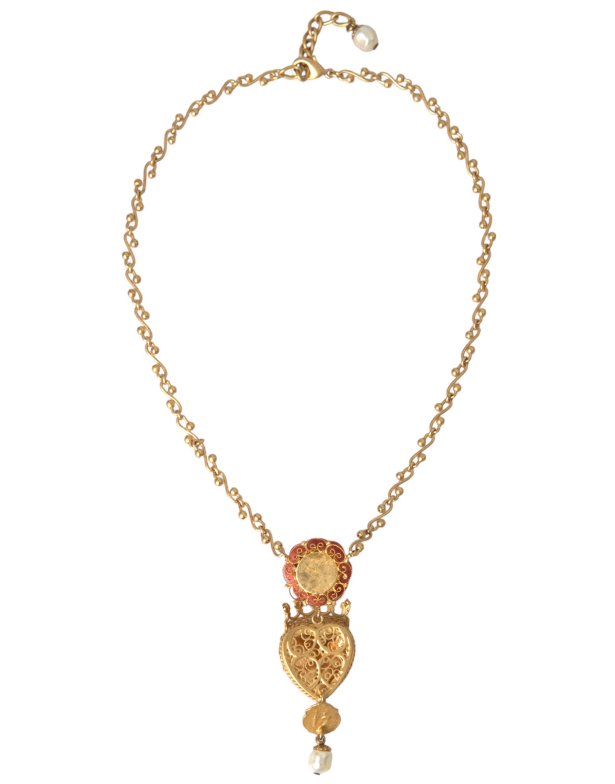 Dolce &amp; Gabbana Gold BrassChain Sacred Heart Rose Crystal Charm Necklace