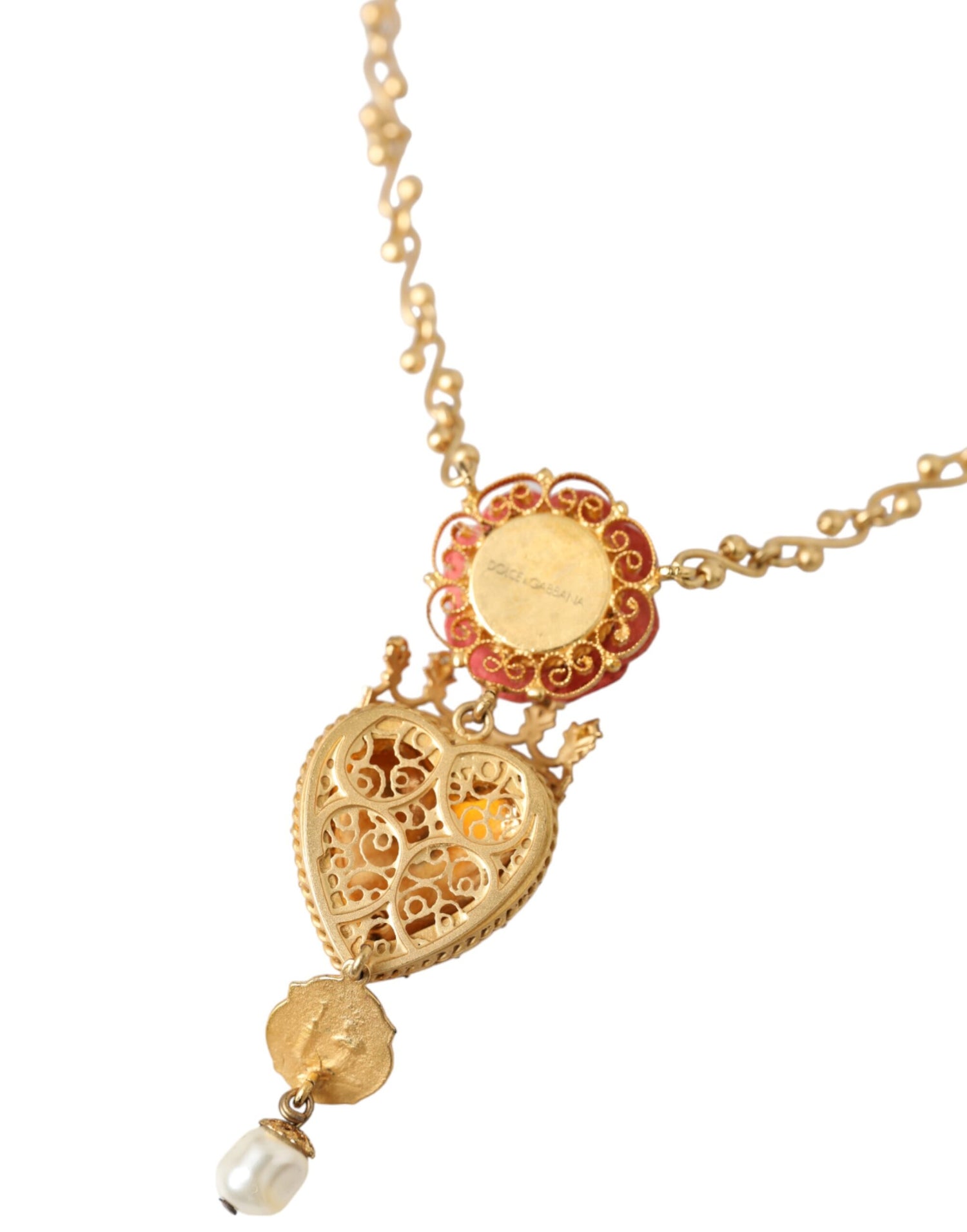 Dolce &amp; Gabbana Gold BrassChain Sacred Heart Rose Crystal Charm Necklace