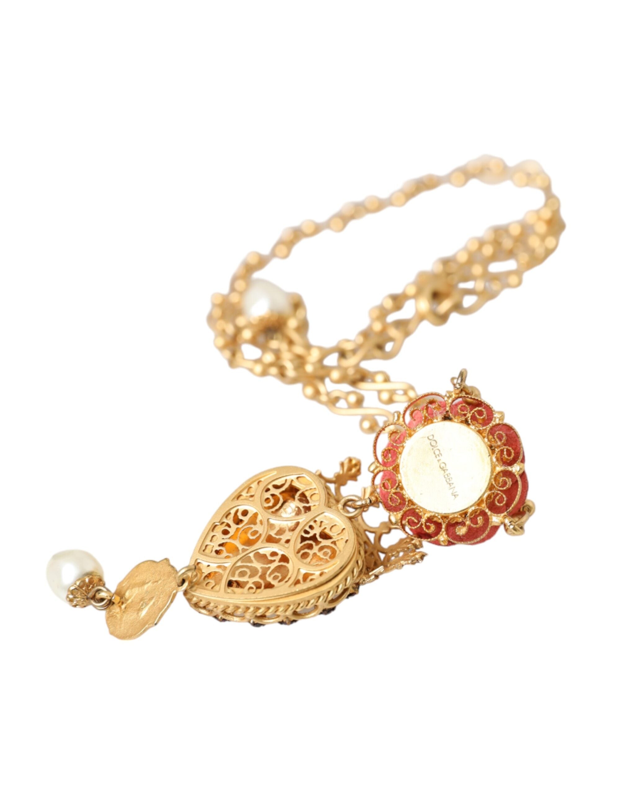 Dolce &amp; Gabbana Gold BrassChain Sacred Heart Rose Crystal Charm Necklace