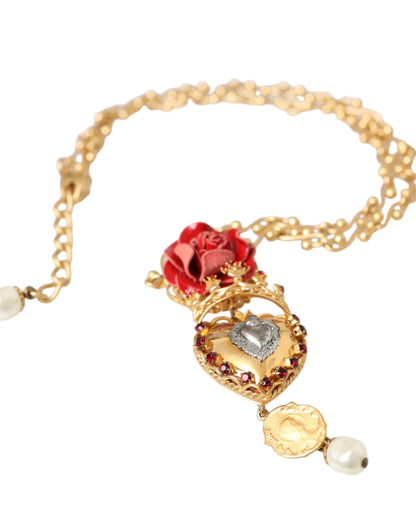 Dolce &amp; Gabbana Gold BrassChain Sacred Heart Rose Crystal Charm Necklace