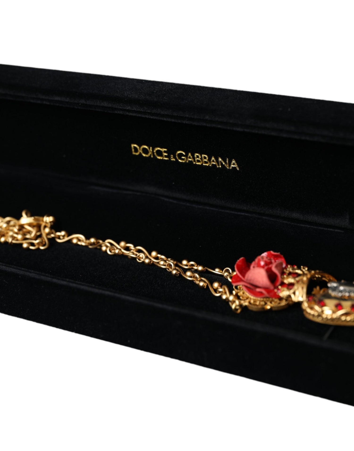 Dolce &amp; Gabbana Gold BrassChain Sacred Heart Rose Crystal Charm Necklace