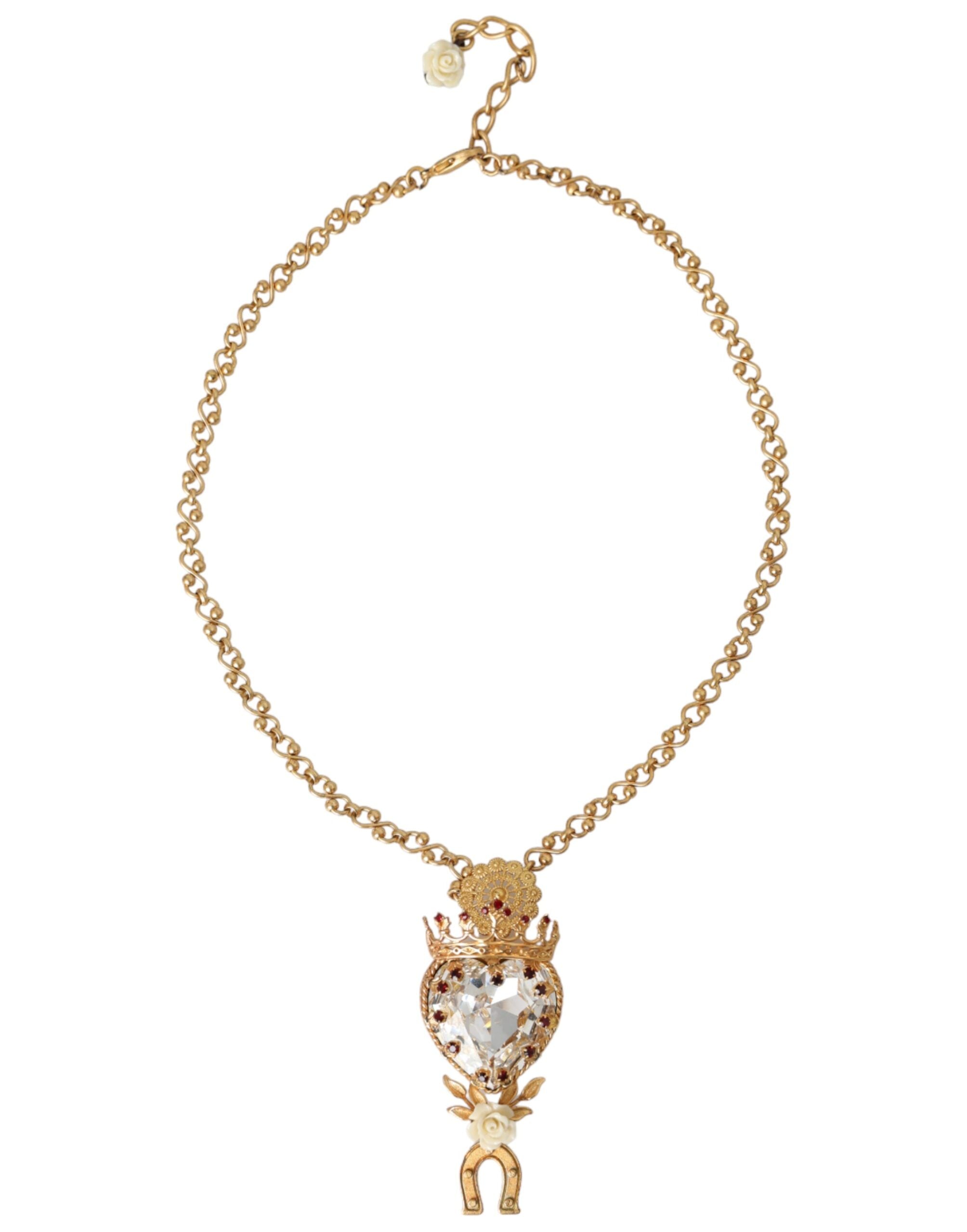 Dolce &amp; Gabbana Gold Brass Chain Sacred Heart Crystal Charm Necklace