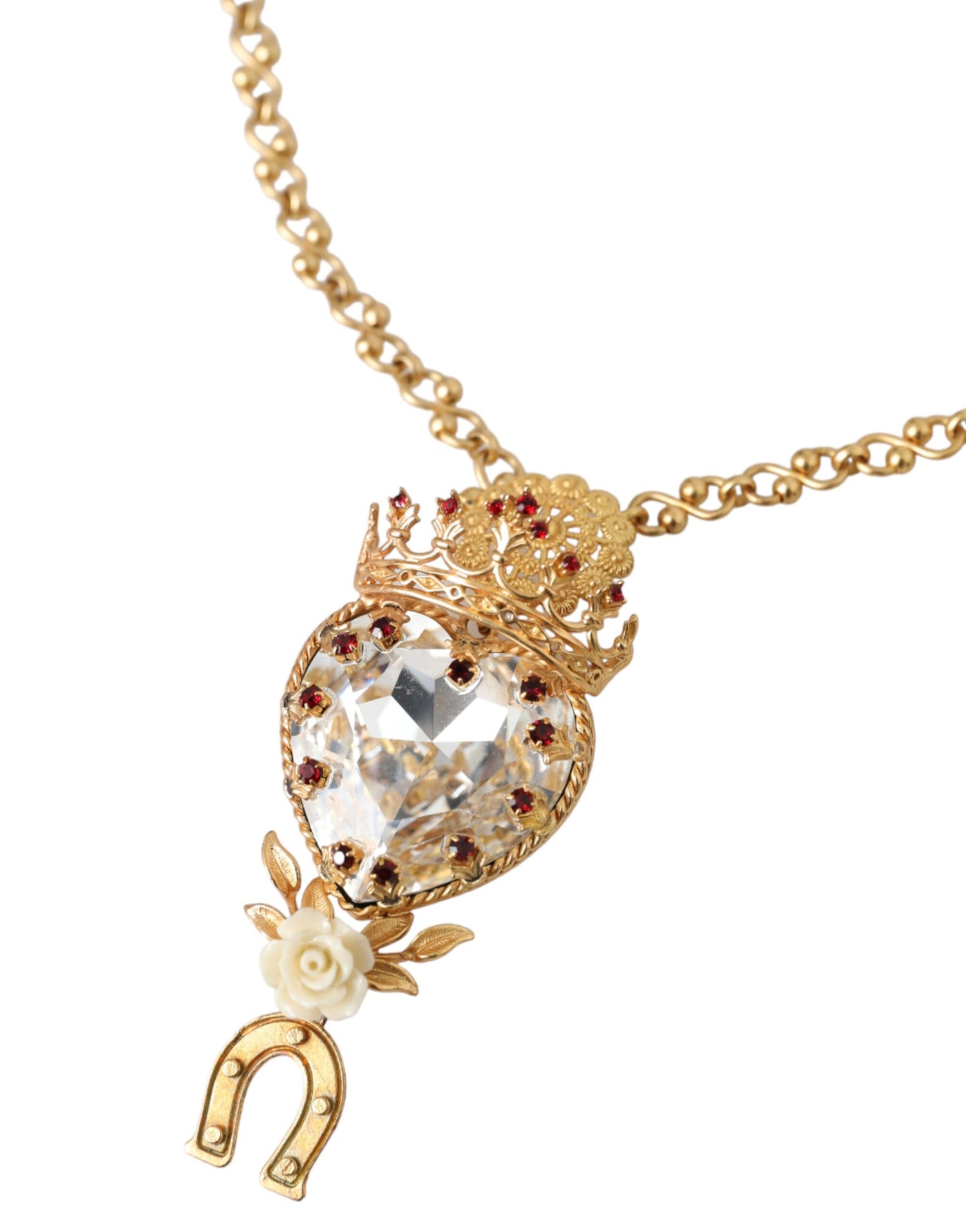 Dolce &amp; Gabbana Gold Brass Chain Sacred Heart Crystal Charm Necklace