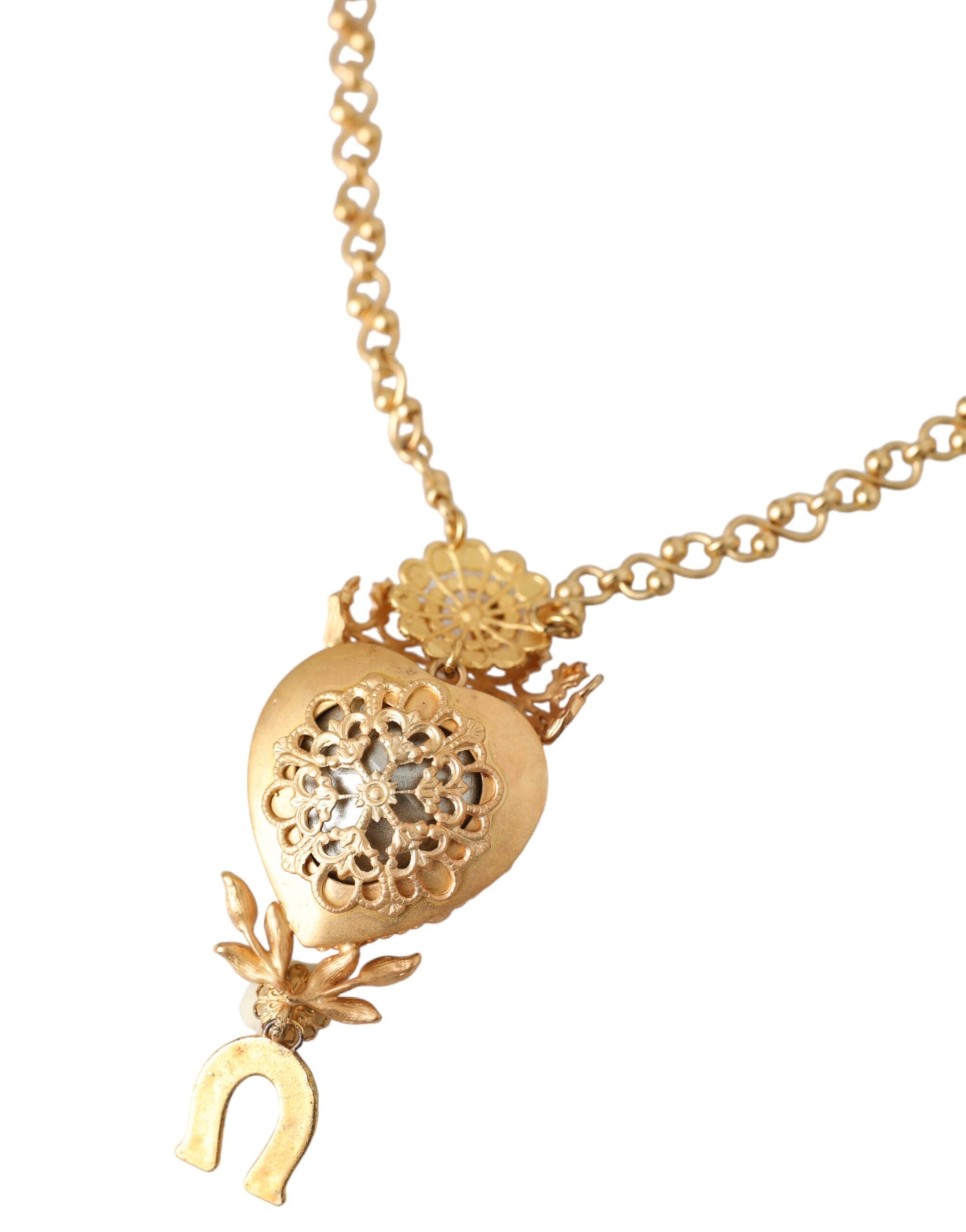 Dolce &amp; Gabbana Gold Brass Chain Sacred Heart Crystal Charm Necklace