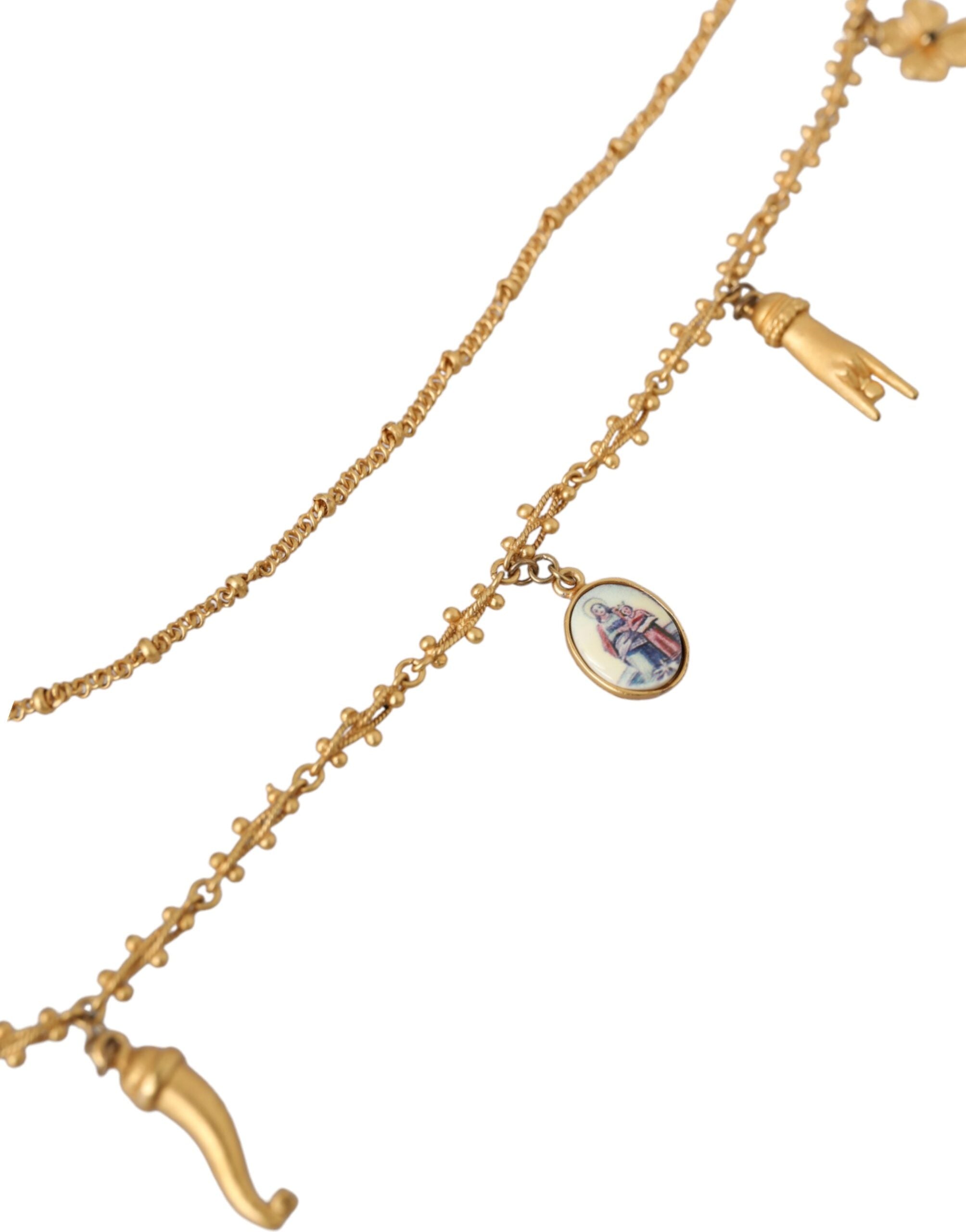 Dolce &amp; Gabbana Gold Tone Chain Brass Charm Statement Sicily Necklace