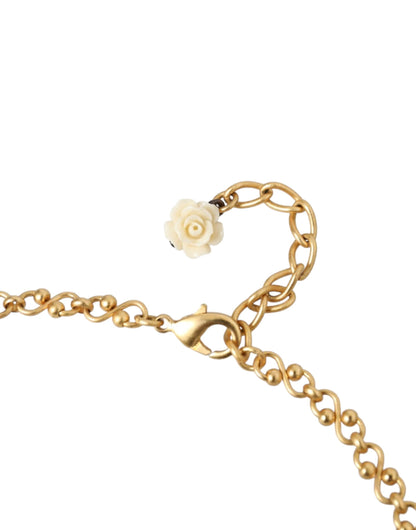 Dolce &amp; Gabbana Gold Brass Chain Sacred Heart Crystal Charm Necklace